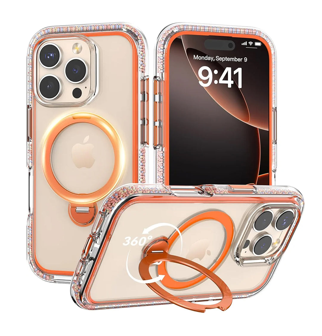 The Raptic AirJoy Beads with Magsafe for iPhone 16 Pro Max features a transparent design with orange accents and air bumpers, showcasing three views. It includes a circular metal ring on the back for grip, has shiny borders, and shows the date Monday, September 9, and time 9:41 on the screen.
