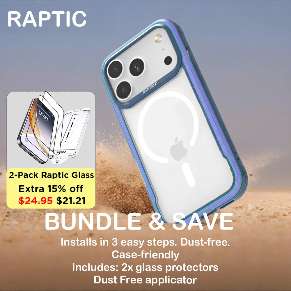 The Raptic Shield iPhone 17 case, a clear MagSafe cover with a blue bumper and visible ring, protects an iPhone with triple cameras. Left: 2-pack Raptic Glass screen protector now $21.21 (was $24.95) for easy installation and savings.