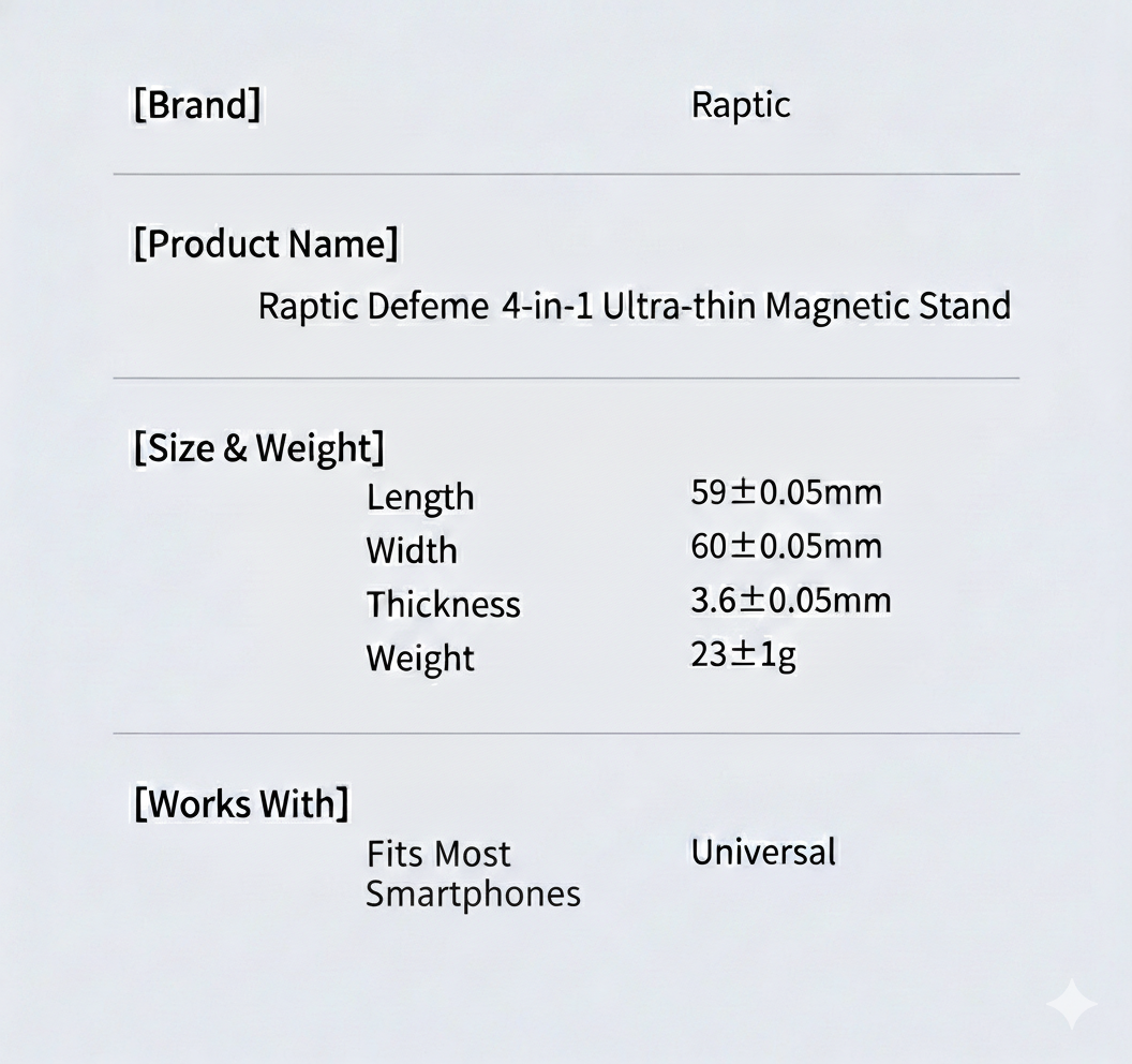 A specification sheet for the MobileTechnica Magnetic Ring with Pop holder - Raptic Defeme details its size (59×60×3.6mm), weight (23g), wide smartphone compatibility, and a clear format with bold headers and section dividers.