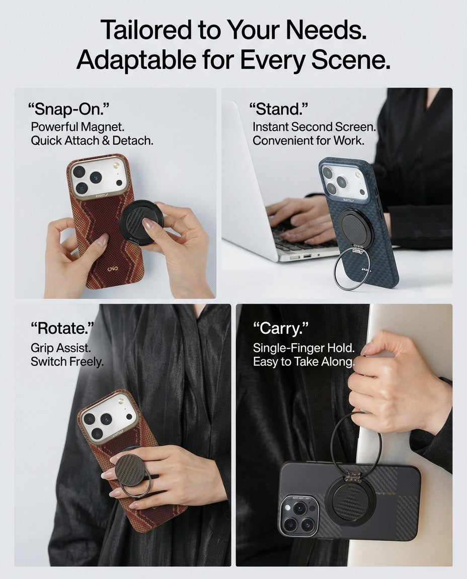 A collage displays four uses for the MobileTechnica Magnetic Ring with Pop Holder - Raptic Defeme: snapping to a phone, standing on a laptop, rotating with its 360° ring, and carrying by finger—each part highlights a unique feature.