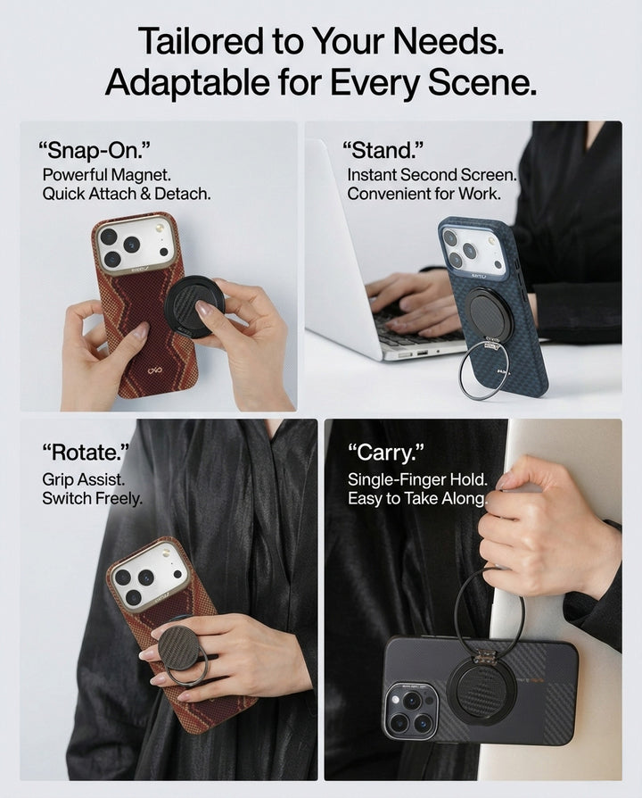 A collage displays four uses for the MobileTechnica Magnetic Ring with Pop Holder - Raptic Defeme: snapping to a phone, standing on a laptop, rotating with its 360° ring, and carrying by finger—each part highlights a unique feature.