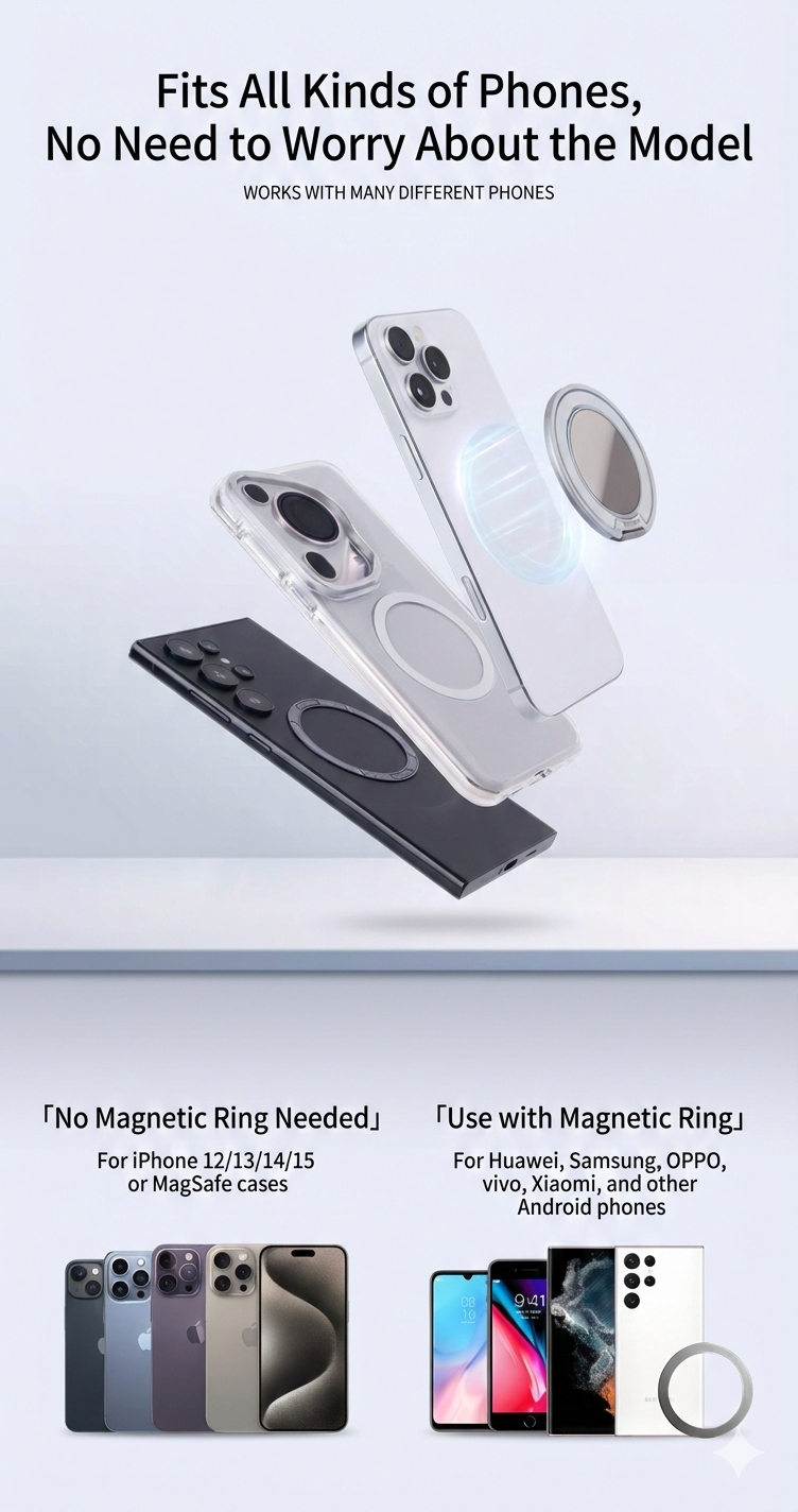 A promotional image of the MobileTechnica Magnetic Ring with Pop holder - Raptic Defeme shows two smartphones: one using the stand directly, highlighting “No Magnetic Ring Needed,” and one with a magnetic ring case, labeled “Use with Magnetic Ring.”.