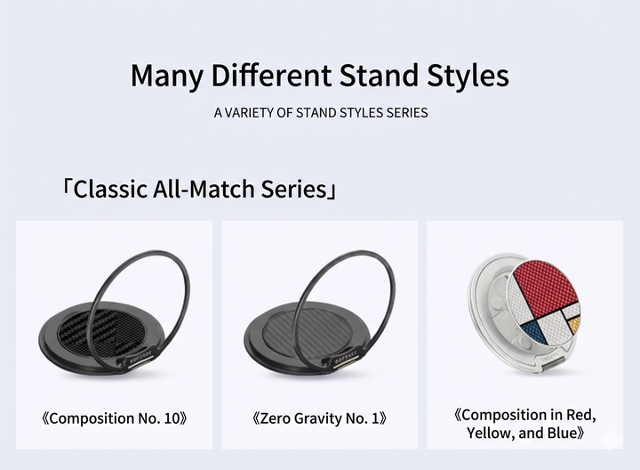 Three round phone stands from MobileTechnica, including the Raptic Defeme Magnetic Ring with Pop holder, are shown side by side: two black with patterns on the left and center, and one on the right with bold red, yellow, blue, white, and black segments.