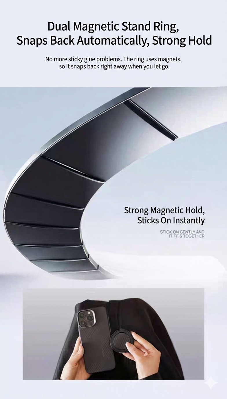 The image features the MobileTechnica Magnetic Ring with Pop holder - Raptic Defeme. Its segmented, curved design is shown above. Below, hands attach the 360° ring to a phone, demonstrating its automatic magnetic snap-back and strong grip.