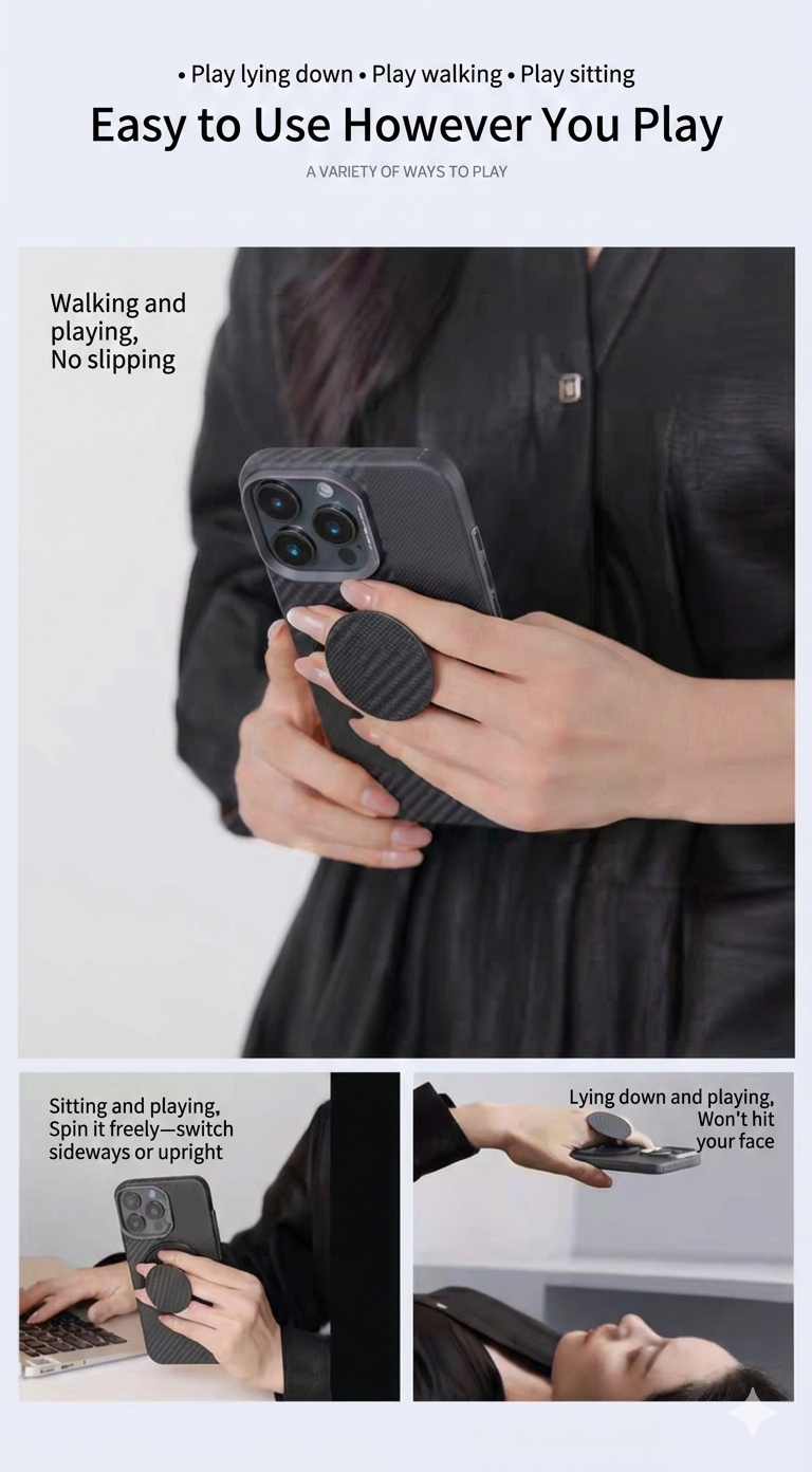 A user shows the MobileTechnica Magnetic Ring with Pop holder – Raptic Defeme in action: standing, spinning the secure ring on a table while sitting, and lying down holding the phone, highlighting its versatile 360° functionality.