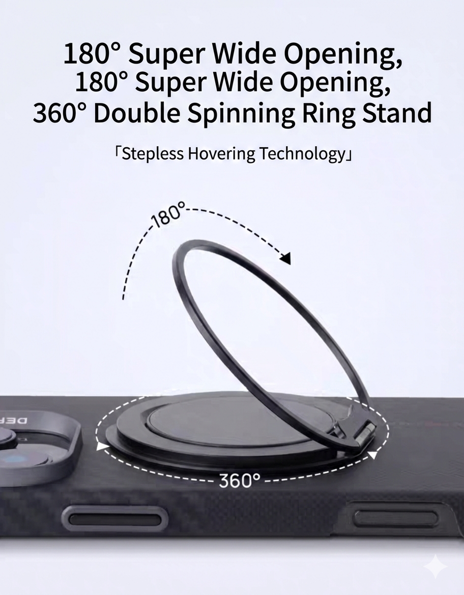 A close-up of the MobileTechnica Magnetic Ring with Pop holder - Raptic Defeme shows its 360° free rotation and 180° wide opening, highlighting its flexible design and super wide opening features.