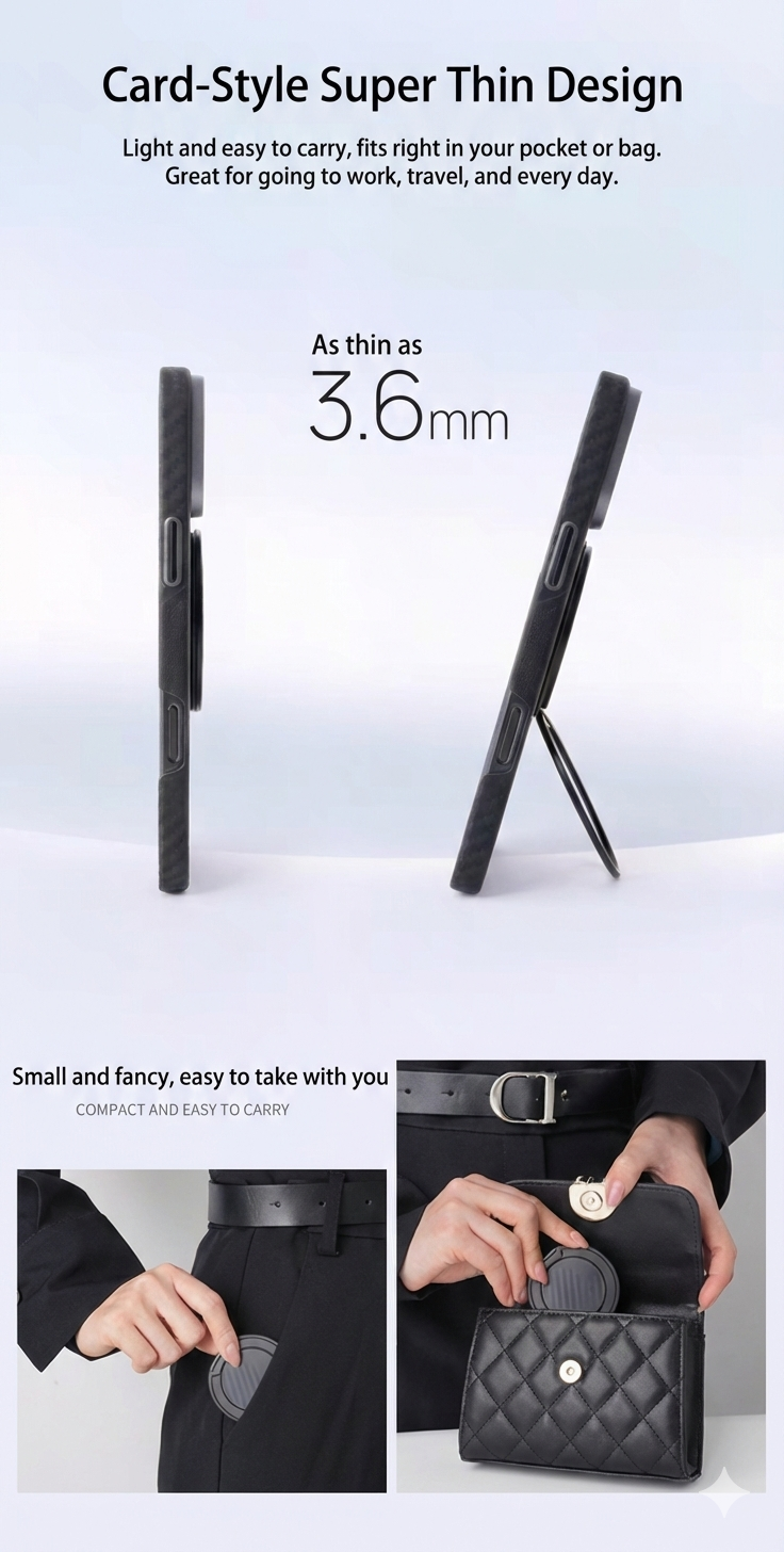 The MobileTechnica Raptic Defeme Magnetic Ring with Pop holder, a slim 3.6mm card-shaped device in black with a textured pattern, features a circular magnetic phone stand for on-the-go use and fits easily into pockets and small purses.