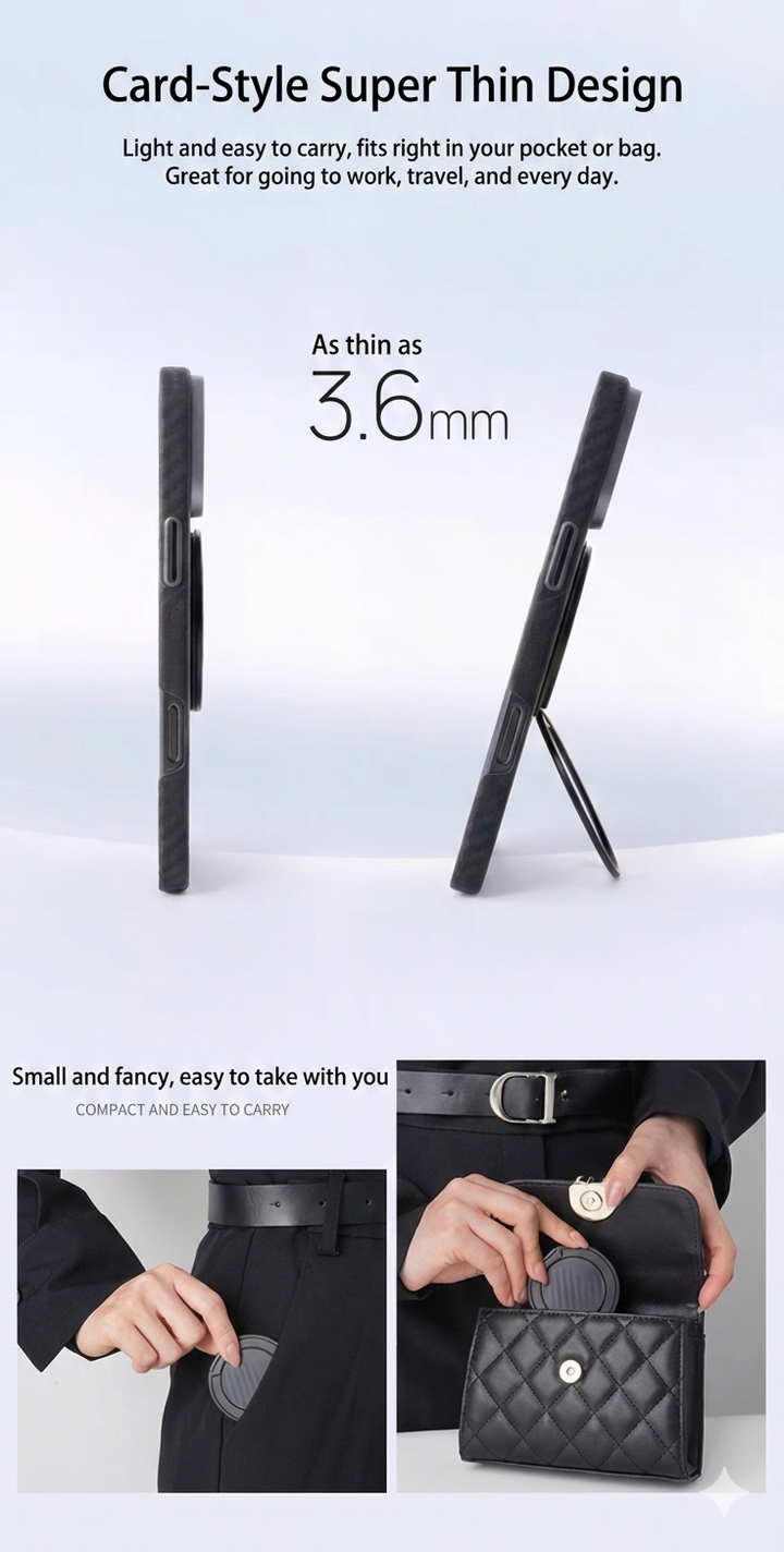 The MobileTechnica Raptic Defeme Magnetic Ring with Pop holder, a slim 3.6mm card-shaped device in black with a textured pattern, features a circular magnetic phone stand for on-the-go use and fits easily into pockets and small purses.