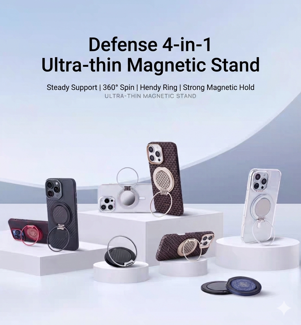 A display of MobileTechnica Magnetic Ring with Pop Holder - Raptic Defeme showcases ultra-thin magnetic stands in various colors, some propped up to show their 360° ring and kickstand features, described as "Defense 4-in-1 Ultra-thin Magnetic Stand.
