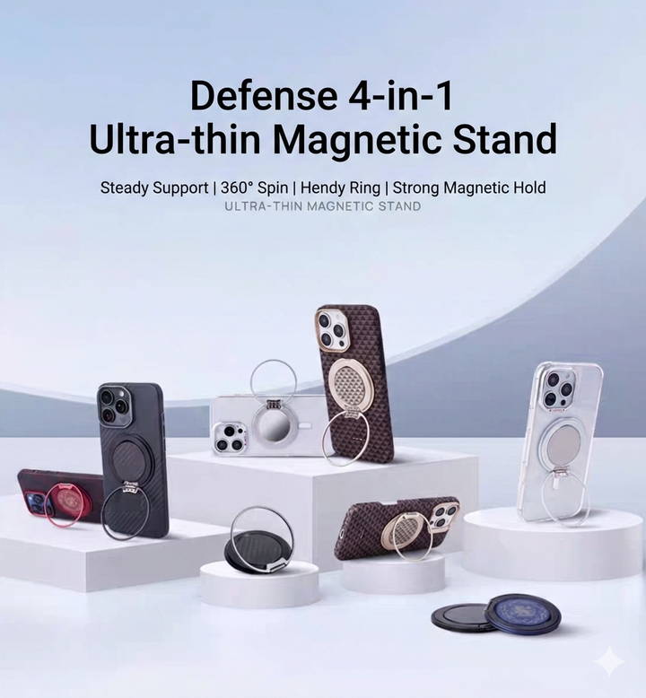 A display of MobileTechnica Magnetic Ring with Pop Holder - Raptic Defeme showcases ultra-thin magnetic stands in various colors, some propped up to show their 360° ring and kickstand features, described as "Defense 4-in-1 Ultra-thin Magnetic Stand.