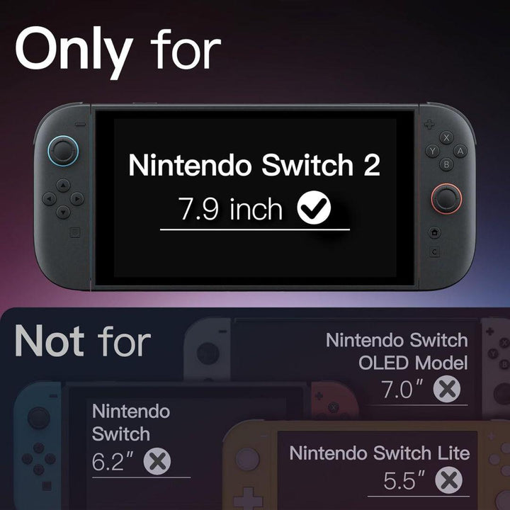 A graphic shows that the JETech Nintendo Switch 2 Screen Protector 2 Pack fits only the 7.9-inch Switch 2, marked with a check, while smaller Switch models display an X.