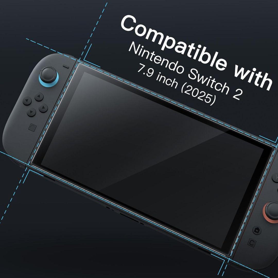 A close-up of a Nintendo Switch 2 console (screen off) outlined with blue dashed lines. Text: "JETech Nintendo Switch 2 Screen Protector 2 Pack, Compatible with 7.9 inch (2025)" and highlights its crystal clear protection.