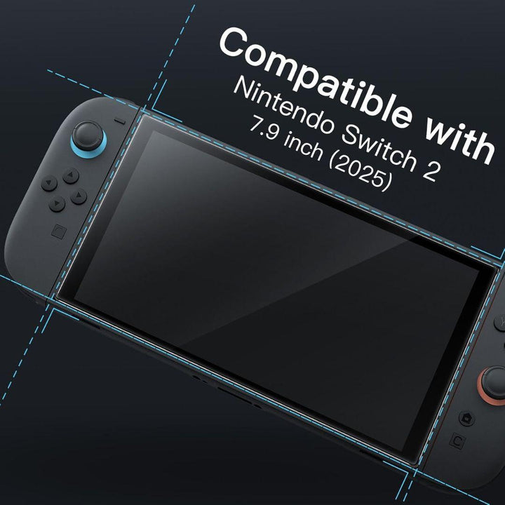 A close-up of a Nintendo Switch 2 console (screen off) outlined with blue dashed lines. Text: "JETech Nintendo Switch 2 Screen Protector 2 Pack, Compatible with 7.9 inch (2025)" and highlights its crystal clear protection.