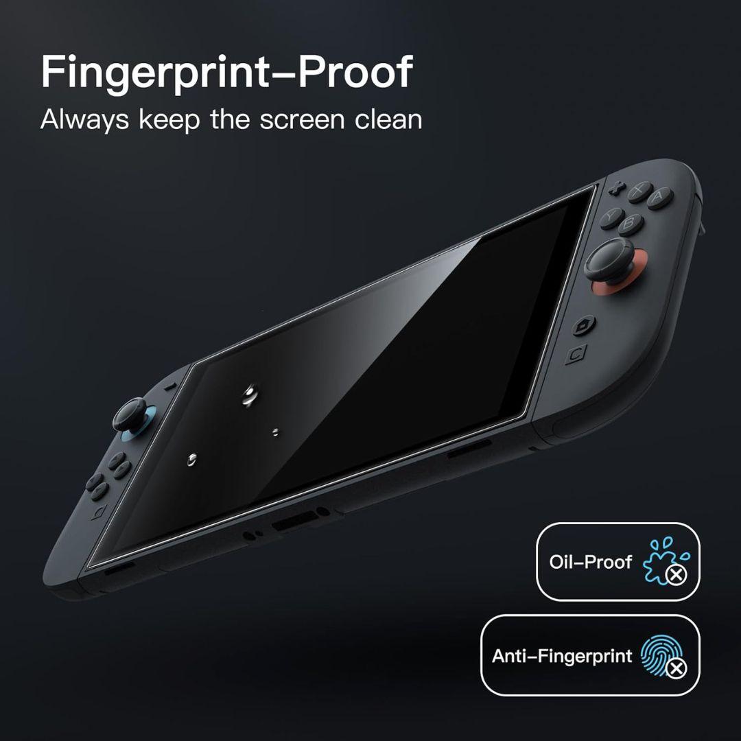 The JETech Nintendo Switch 2 Screen Protector 2 Pack keeps your screen clean with oil-proof, anti-fingerprint, and crystal-clear protection. Water droplets are shown on-screen beneath “Fingerprint-Proof Always keep the screen clean.”.