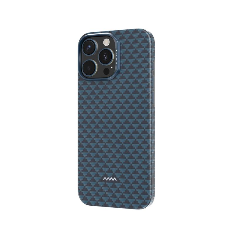 The Raptic Aramid Fibre Skin for iPhone 16 Pro features a blue and black geometric pattern of small triangles, MagSafe Ready functionality, and a minimalist white wave logo at the bottom. The phone is angled slightly left on white.