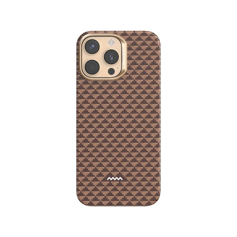 A gold iPhone 16 Pro is displayed in the Raptic Aramid Fibre Skin, a brown MagSafe Ready case with an interlocking triangle pattern and Super Strong protection. A small white Raptic logo appears near the bottom, centered on a plain white background.