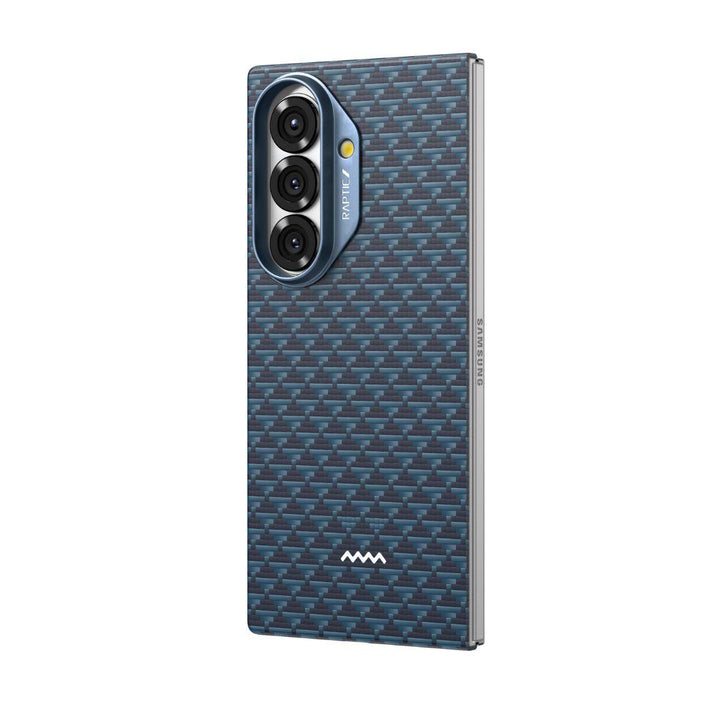 The RAPTIC Profound Navy Skin Case for Samsung Galaxy Fold 7 features a textured blue back with a triangular pattern, silver edges, and slim profile for stylish protection, plus a small white zigzag logo near the bottom.