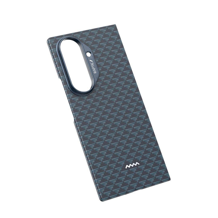 A slim navy RAPTIC Samsung Galaxy Fold 7 Skin Case with a textured finish and precise camera cutout offers sleek protection while tilted against a white background. "RAPTIC" branding is displayed near the camera area.