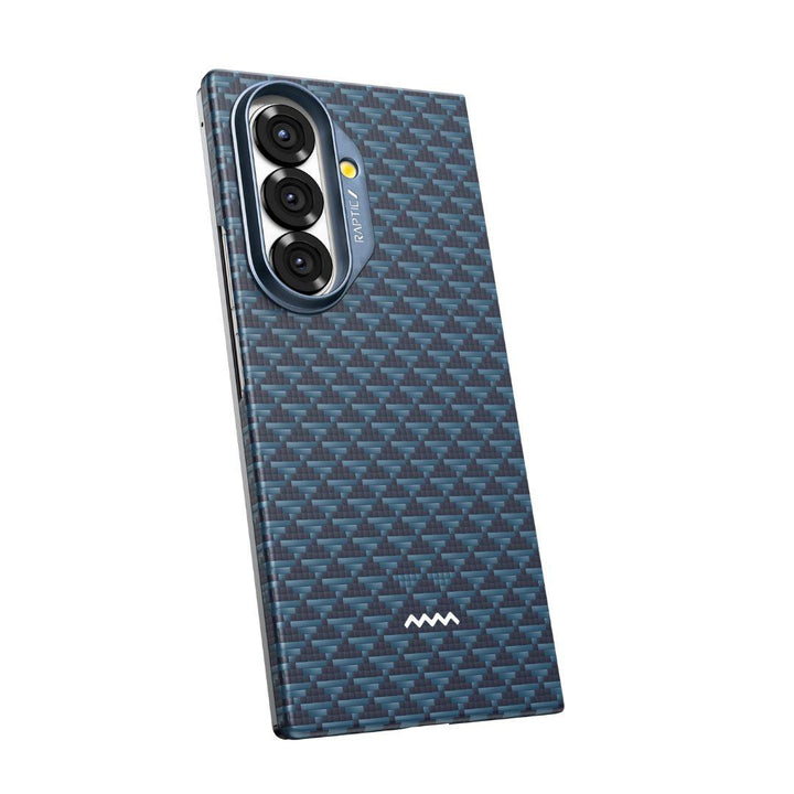 A Samsung Galaxy Fold 7 with a RAPTIC Profound Navy skin case is shown from the back, featuring a carbon fiber pattern, triple cameras in a vertical oval, LED flash, enhanced protection, and a small white zigzag logo near the bottom center.