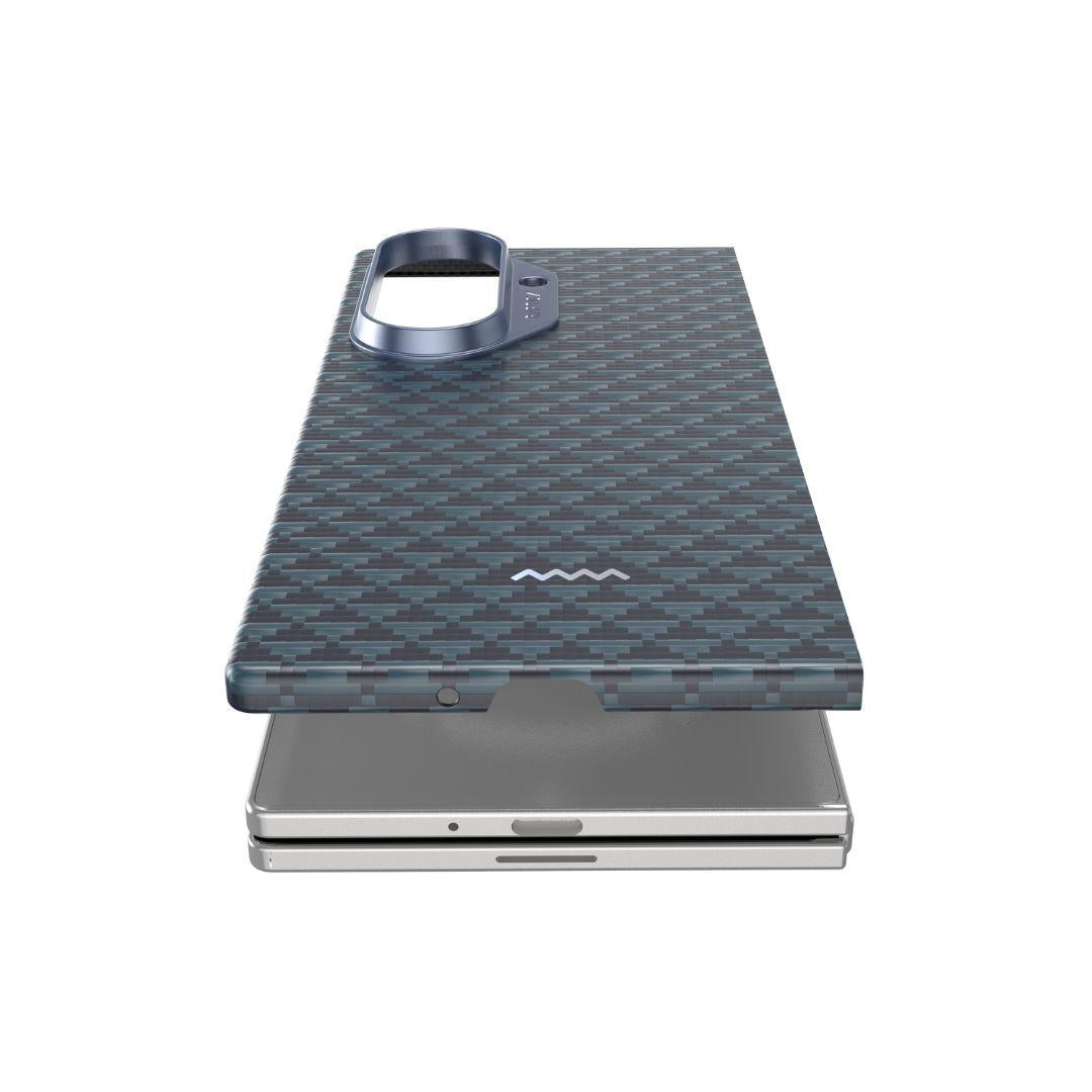The RAPTIC Profound Navy Skin Case for Samsung Galaxy Fold 7, featuring a subtle zigzag texture, hinge protector, large raised camera cutout, and small white logo, hovers above a silver phone.