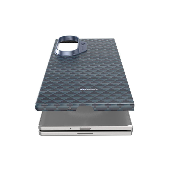 The RAPTIC Profound Navy Skin Case for Samsung Galaxy Fold 7, featuring a subtle zigzag texture, hinge protector, large raised camera cutout, and small white logo, hovers above a silver phone.