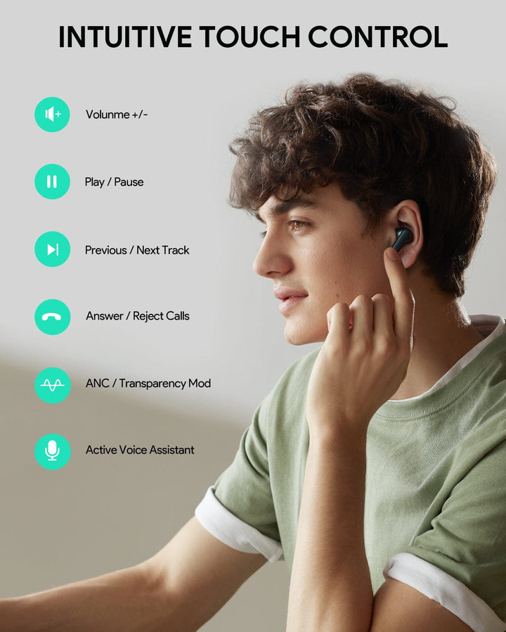 An image of a man wearing the Aukey MiniNC Active Noise Cancelling Earbuds.