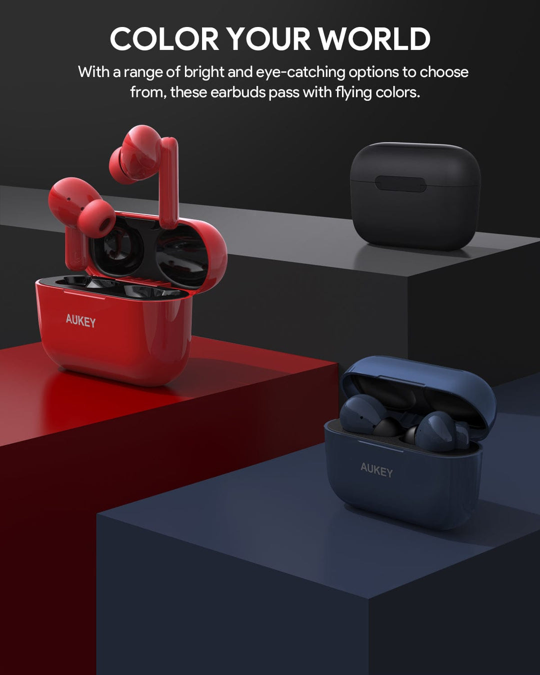 The Aukey MiniNC Active Noise Cancelling Earbuds are available in red, blue, and black.