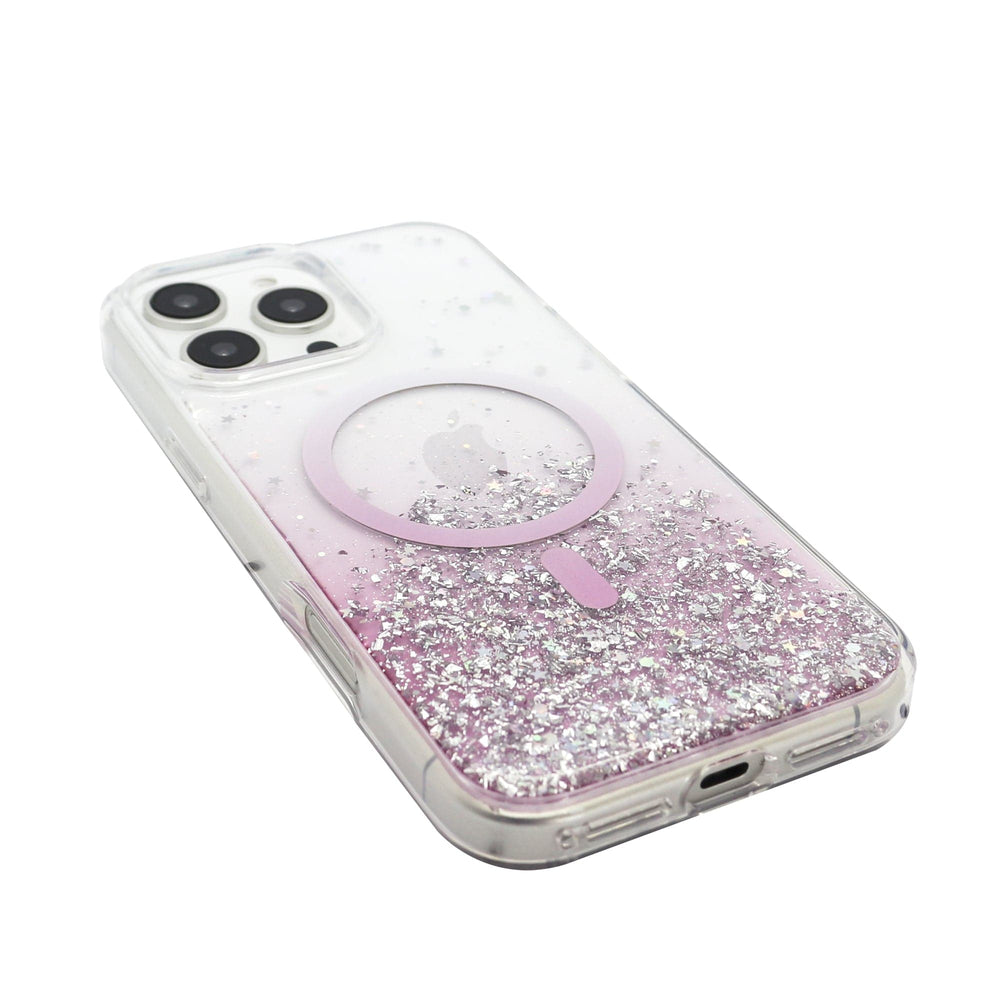 The Bryten Starburst MagSafe Case for iPhone 16 Pro, from Bryten, features glittery pink and silver hues. It boasts a back design with three camera lens cutouts in the top left corner and a charging port cutout at the bottom. Its anti-yellowing design ensures lasting brilliance.