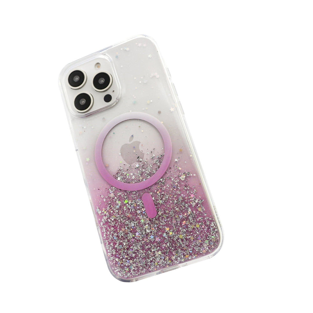 The Bryten Starburst MagSafe Case for iPhone 16 Pro, featuring a white and pink glittery design, is depicted on a smartphone. This anti-yellowing case by Bryten includes a ring in the center and is filled with silver star-shaped glitter at the bottom that transitions into a transparent top section. The iPhone 16 Pro shows off its distinctive triple camera setup at the top-left corner.