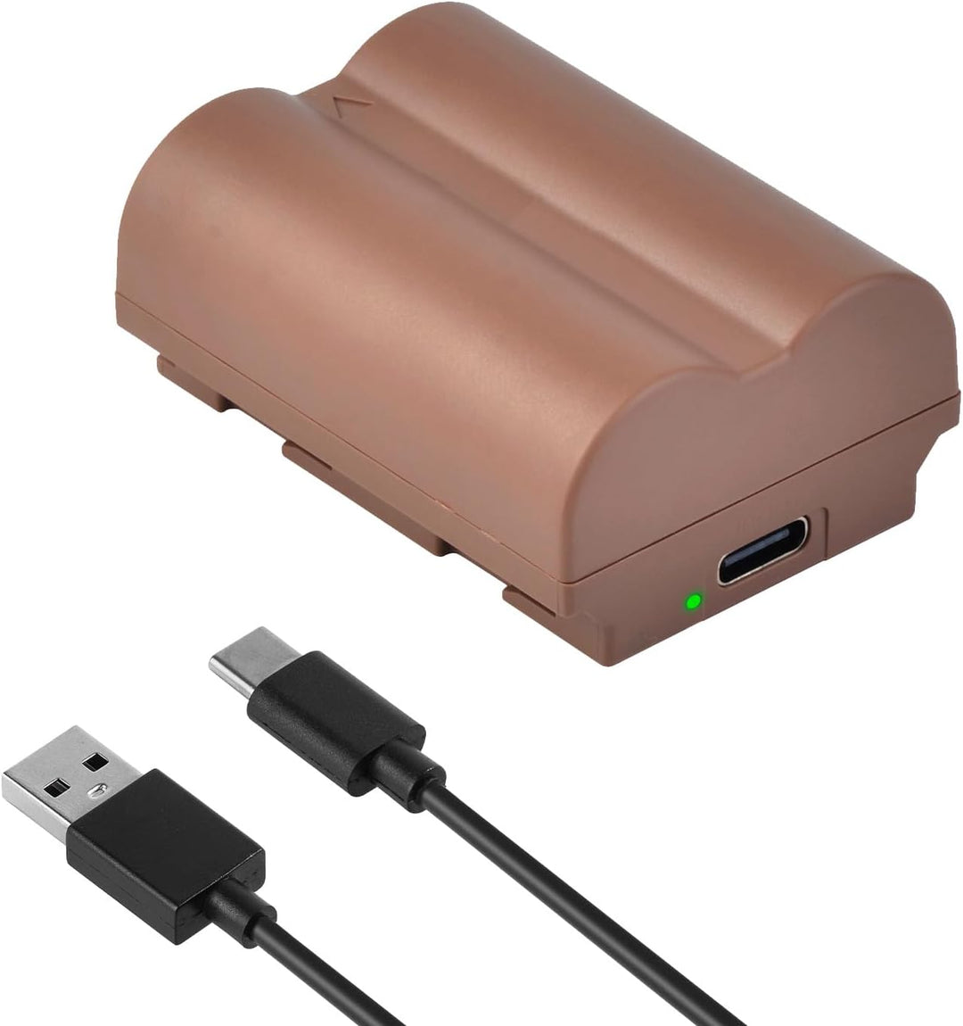 The MobileTechnica Tectra NP-W235 Battery for Fujifilm cameras is shown in brown with dual cells, a USB-C charging port, and green indicator light. Below are neatly arranged USB-C and USB-A cables on a clean white background.