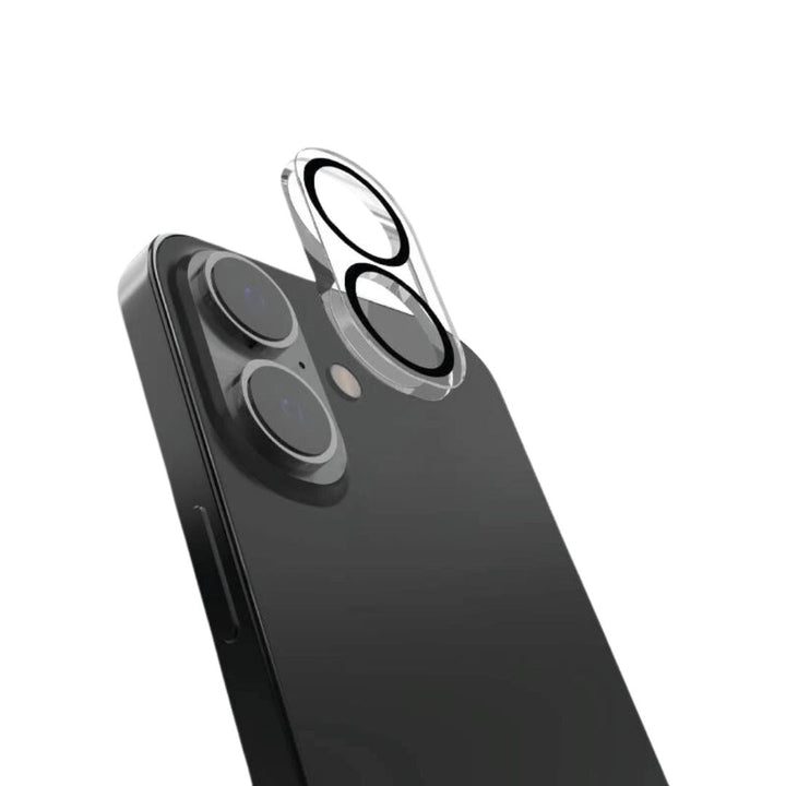 The Raptic iPhone 16 Camera Lens Protector by Raptic ensures an ultra-high clarity view and demonstrates a seamless installation over the dual-camera module and attached flash on the back of a black smartphone. The sleek design is enhanced with an anti-fingerprint coating, complemented by a side button on a minimalist background.