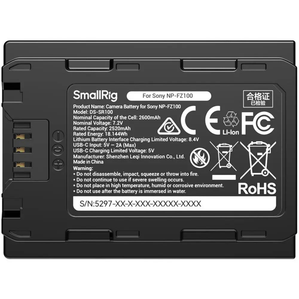 SmallRig NP-FZ100 2600mAh Battery for Sony A7R V / A7S III Camera, Rechargeable Camera Battery w/USB-C 2.5H Fast Charging for Sony Alpha A7R IV, A7R III, A7 III, A7C, A6600-5297