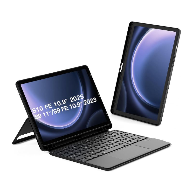 Two Inateck Magnetic Keyboard Cases for Samsung Galaxy Tab S10 FE/S9 FE 10.9"/S9 11" are shown, one on a kickstand and one in portrait mode. Both black tablets display smooth touchpad controls with abstract blue and purple designs.