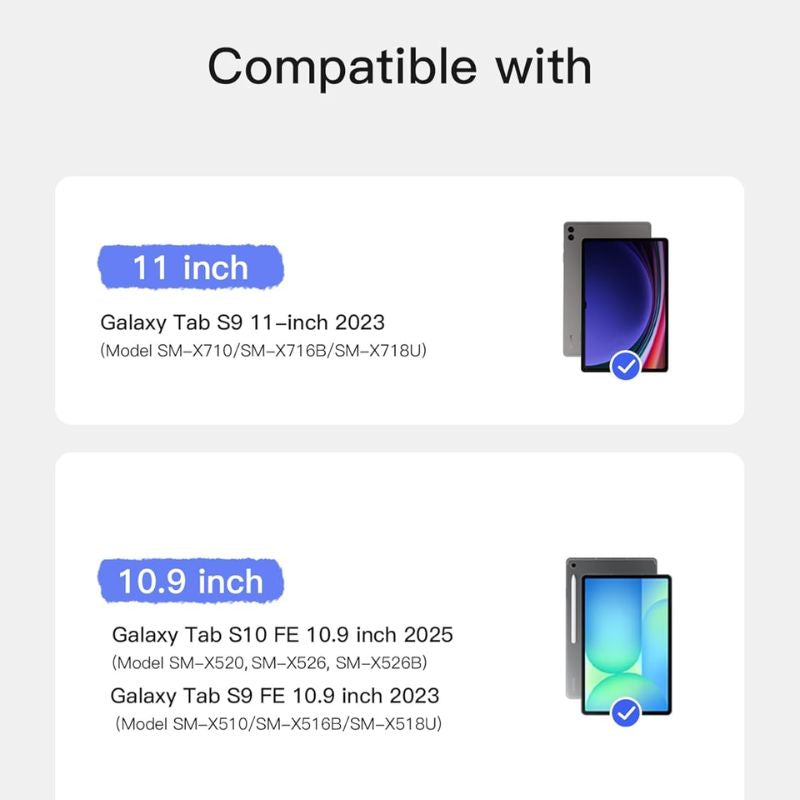 The Inateck Magnetic Keyboard Case fits Samsung Galaxy Tab S10 FE/S9 FE 10.9" and Tab S9 11". Compatibility is shown in a chart with tablet images included.