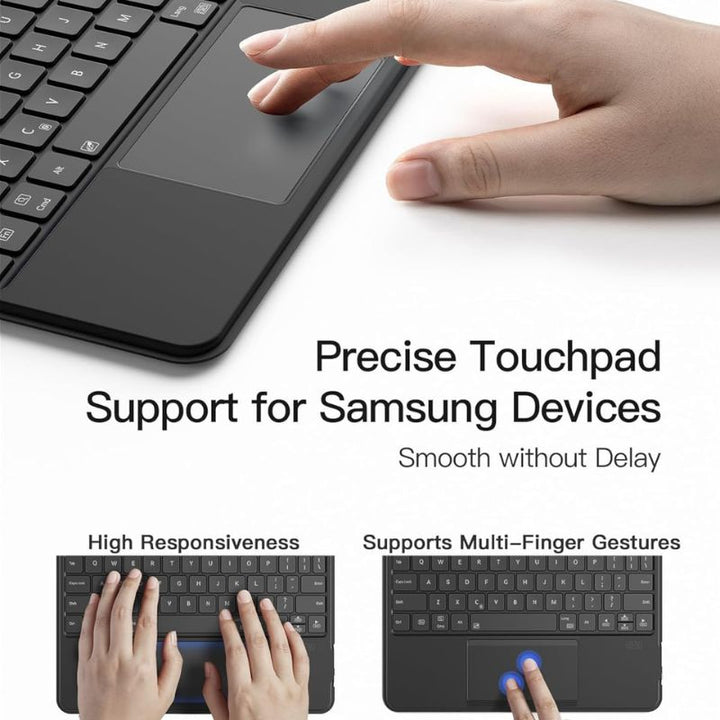 A hand uses the Inateck Magnetic Keyboard Case with a smooth touchpad on a black case. Text: "Precise Touchpad Support for Samsung Galaxy Tab S10 FE." Images show high responsiveness and multi-finger gesture support.