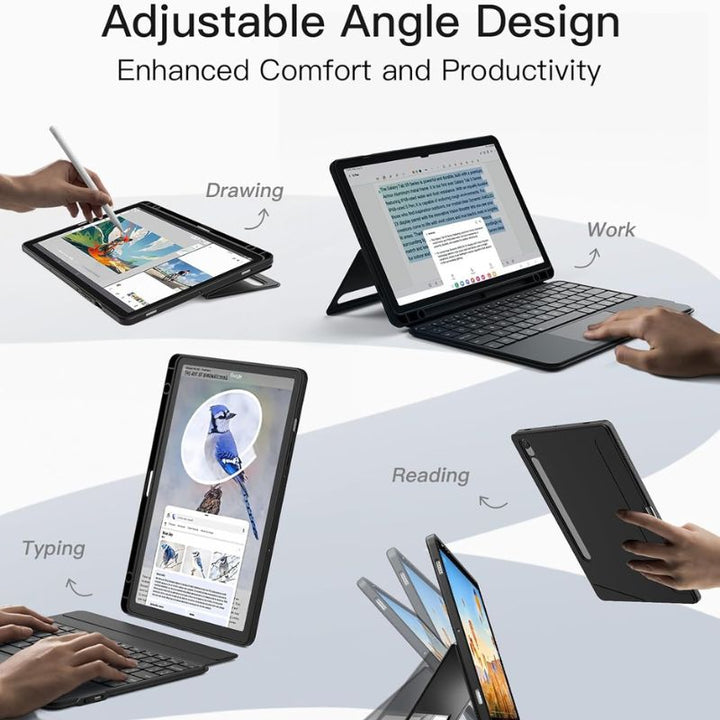 The Inateck Magnetic Keyboard Case for Samsung Galaxy Tab S10 FE is shown in four positions: drawing with a stylus, working with the keyboard, typing on-screen, and reading in portrait mode—all enhancing comfort and productivity.