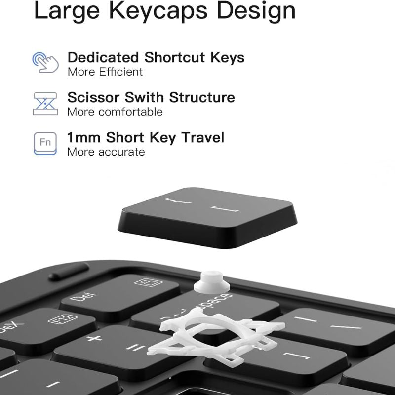 A close-up of the Inateck Magnetic Keyboard Case for Samsung Galaxy Tab S10 FE reveals a removed keycap, showcasing the white scissor switch mechanism. Features include dedicated shortcut keys and 1mm short key travel for comfort.