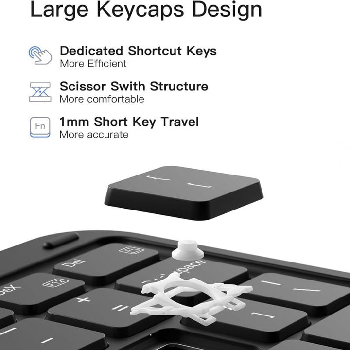 A close-up of the Inateck Magnetic Keyboard Case for Samsung Galaxy Tab S10 FE reveals a removed keycap, showcasing the white scissor switch mechanism. Features include dedicated shortcut keys and 1mm short key travel for comfort.