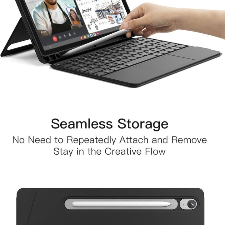 A hand puts a stylus into the Inateck Magnetic Keyboard Case for Samsung Galaxy Tab S10 FE/S9 FE/S9. The screen shows a video call and creative apps. Text: "Seamless Storage. Stay in the Creative Flow with Inateck.