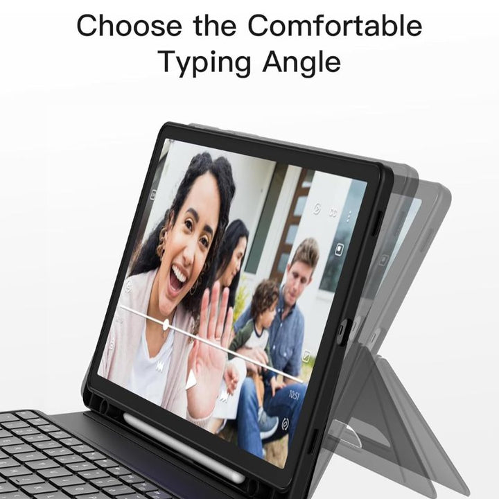 An Inateck Magnetic Keyboard Case for Samsung Galaxy Tab S10 FE is shown propped at multiple angles. The screen displays a video call with a smiling woman waving and two people behind her. Text above reads, "Choose the Comfortable Typing Angle.