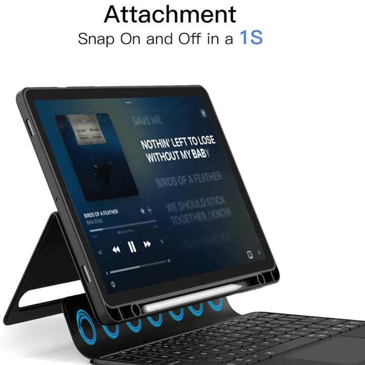 An Inateck Magnetic Keyboard Case for Samsung Galaxy Tab S10 FE/S9 FE 10.9"/S9 11" props up the tablet in stand mode, music player displaying “BIRDS OF A FEATHER.” Text above: “Attachment. Snap On and Off in 1S.” Smooth touchpad for easy typing.