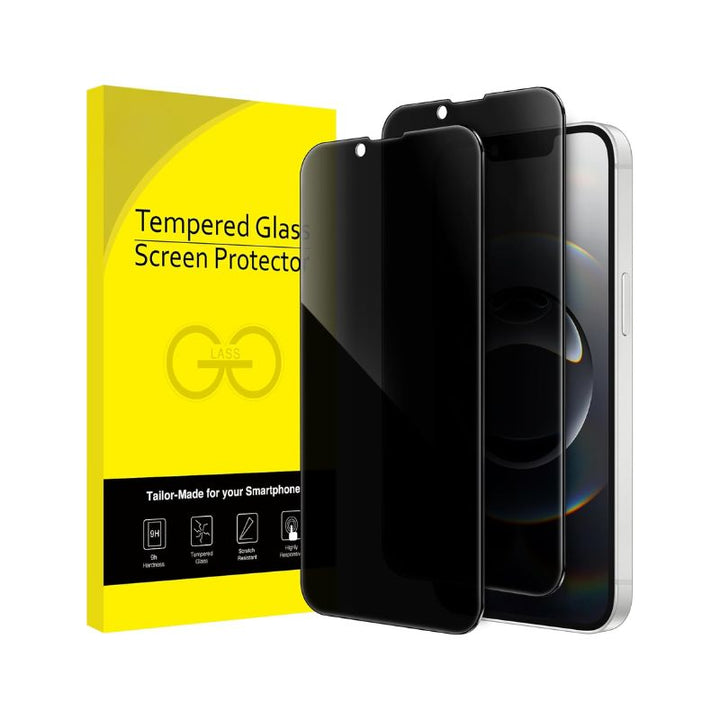 A yellow JETech box labeled "iPhone 16e Privacy Screen Protector 2pcs" stands upright beside an iPhone 16e, with two screen protectors—one clear and one tinted for privacy—displayed in front. Icons and details are visible at the bottom of the box.