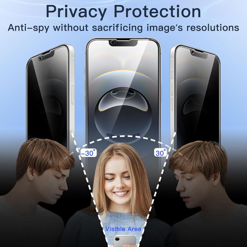 A smiling woman holds her iPhone 16e with a JETech Privacy Screen Protector, showing a 60° viewing area. Faded figures on each side can't see her screen—JETech's anti-spy protector shields privacy without reducing image clarity.