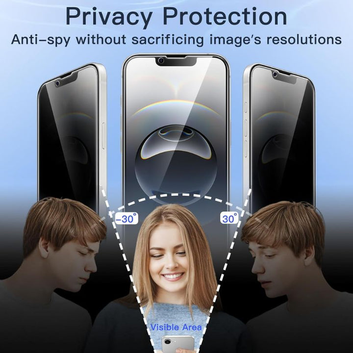 A smiling woman holds her iPhone 16e with a JETech Privacy Screen Protector, showing a 60° viewing area. Faded figures on each side can't see her screen—JETech's anti-spy protector shields privacy without reducing image clarity.
