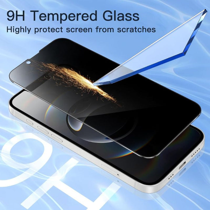 A JETech iPhone 16e Privacy Screen Protector is being applied to a phone. Sparks illustrate its scratch resistance. Text reads: "9H Tempered Glass: Highly protect screen from scratches." The phone is angled to show the protector.