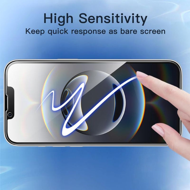 A hand touches an iPhone with the JETech iPhone 16e Privacy Screen Protector, creating a glowing blue line. A shiny orb and text "High Sensitivity" and "Keep quick response as bare screen" appear on a soft light blue gradient background.