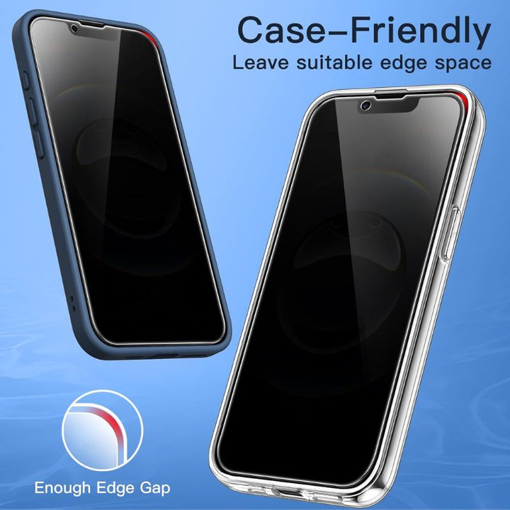Two smartphones in blue and clear cases are shown against a blue background. Text reads "Case-Friendly" and "Leave suitable edge space." Inset highlights JETech iPhone 16e Privacy Screen Protector 2pcs with an edge gap.