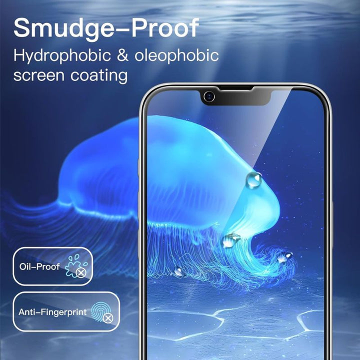 A glowing blue jellyfish appears on a clean iPhone 16e screen underwater, showcasing JETech iPhone 16e Privacy Screen Protector’s smudge-proof, hydrophobic, and oleophobic coating with oil-proof and anti-fingerprint icons.