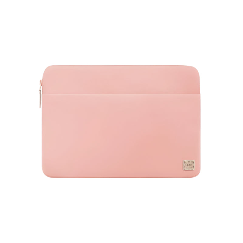 The UNIQ Vienna Laptop Carry Sleeve for MacBook Pro 16" is a light pink, recycled, rectangular sleeve with a smooth texture, left side zipper, front pocket, and branded beige patch. It offers durable protection against daily wear. Plain white background.