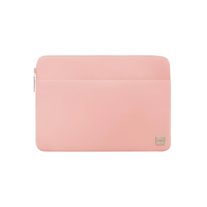 The UNIQ Vienna Laptop Carry Sleeve for MacBook Pro 16" is a light pink, recycled, rectangular sleeve with a smooth texture, left side zipper, front pocket, and branded beige patch. It offers durable protection against daily wear. Plain white background.